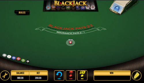 Blackjack table with chips placed in the middle. Has a rules button on the left.