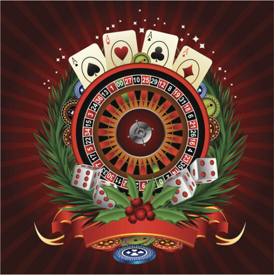 Christmas casino illustration with Wreath, roulette, cards and chips against red background