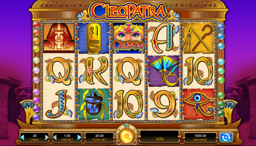 Cleopatra Egyptian slots, an online slot game which has symbols of an eagle, women who resembles cleopatra, pyramids, evil eye and letters.