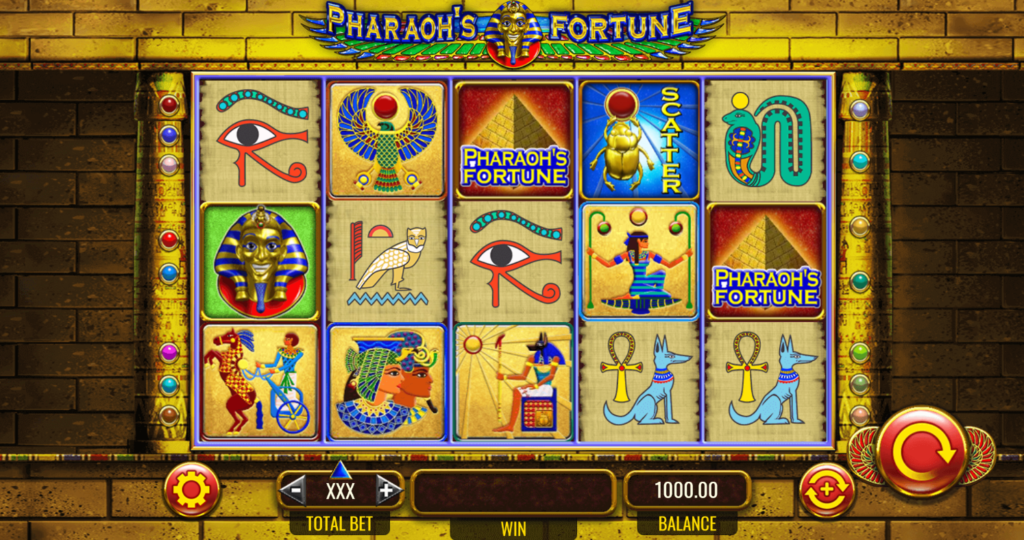 An image of Pharaoh's fortune slot game which has symbols of the eyes of horan, pyramids, owl, egytian gods. 