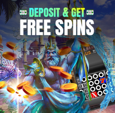 an image of a merman holding his Trident. Texts are on top which say Desposit & get free spins.