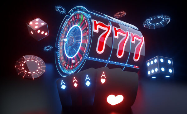 Slot Machine, Roulette Wheel, Chips, Dices And Four Aces With Modern Futuristic Red And Blue Neon Lights