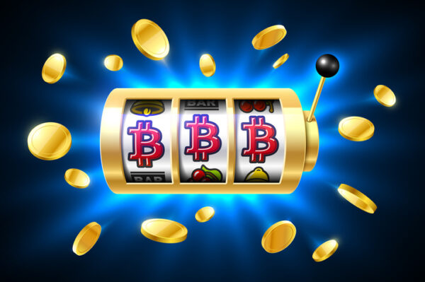 Bitcoin jackpot, cryptocurrency symbols on slot machine with bright blue background and flying coins around, vector illustration.