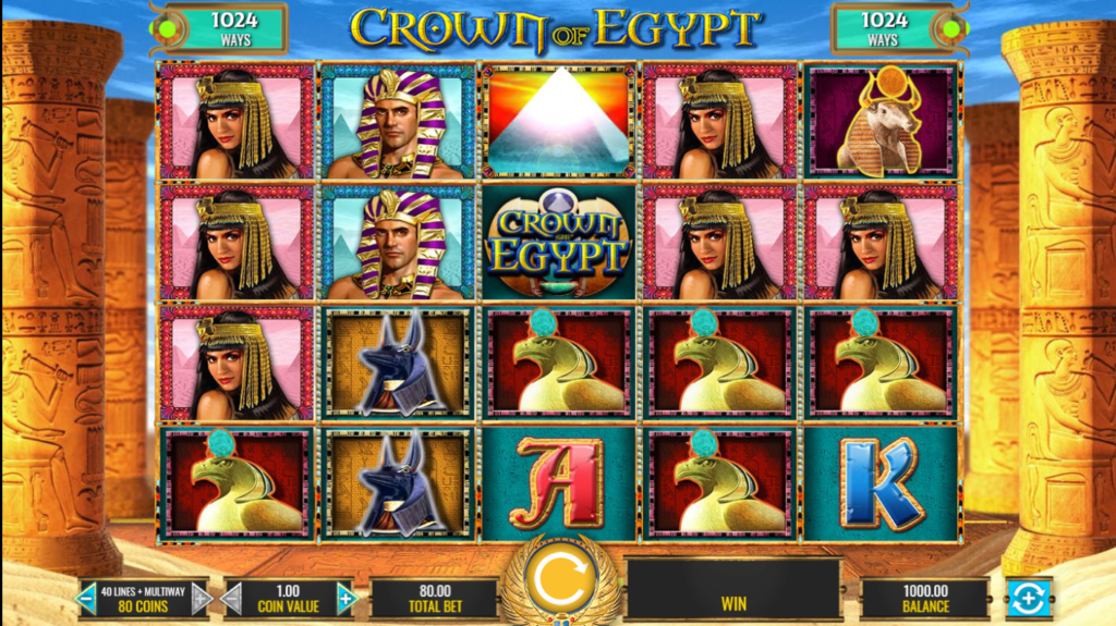 An image of crown of Egypt online slot game, The pic consists of symbols of eagles, letters and cleopatra.
