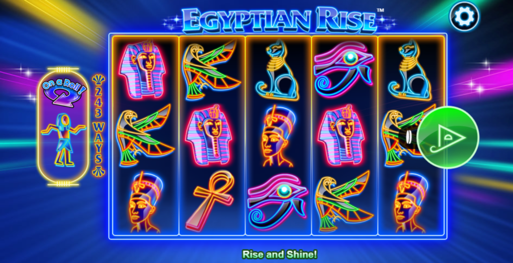 An image of Egyptian rise, online slot game which is neon colour themed, has images of the ankh, cats. birds and pharaoh. 