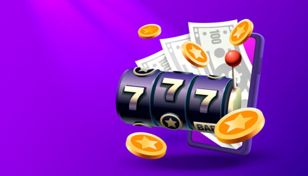 Casino slots machine winner, online games phone, 777 win banner. Vector illustration