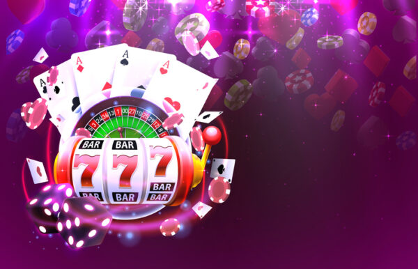 Casino 3d cover, slot machines and roulette with cards,