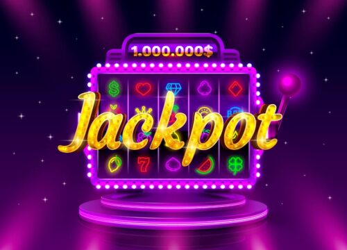 an image of a purple slot machine with the word Jackpot in gold.