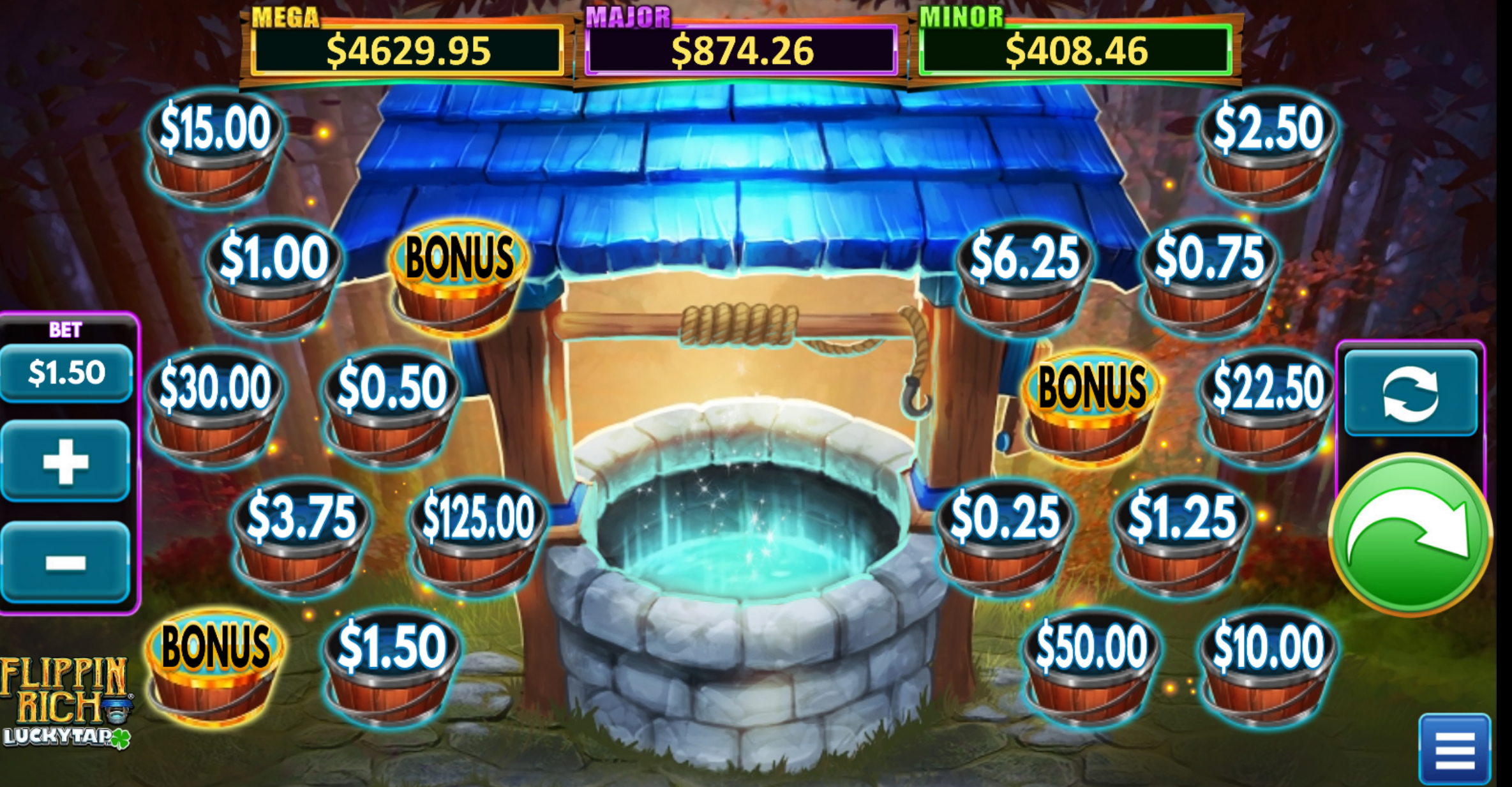 Blue themed slots with money symbol, prizes and bonus pots are scattered around the well, and when your coin lands at the right spot.