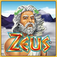 An image of Zeus, Greek Legends Slots in Resorts casino. There a man with white hair and beard, in front of a mountain. A text in the middle which says ZEUS in orange. 