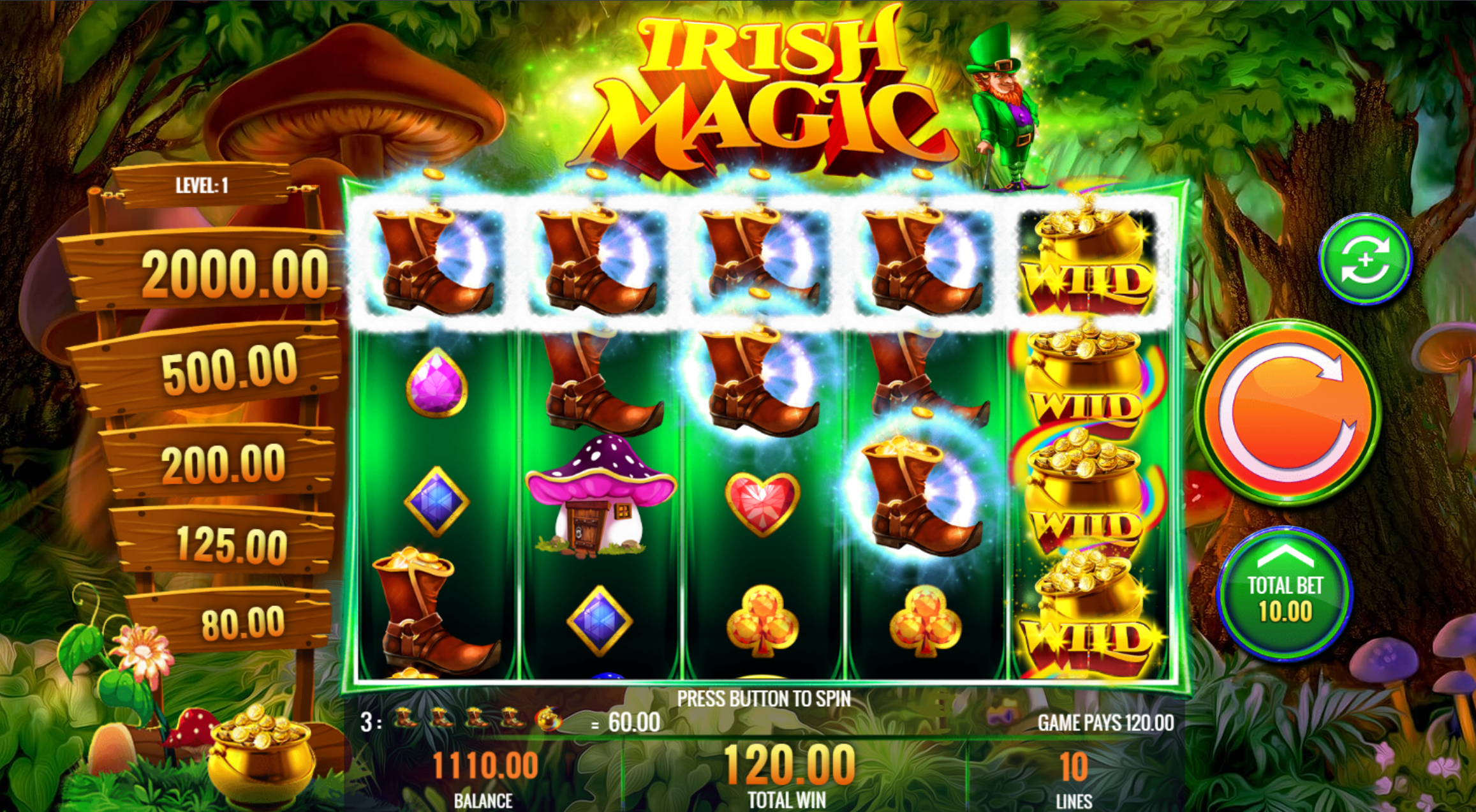  slot theme with four-leaf clovers, toadstool houses, horseshoes, pots of gold and leprechaun symbols. The backdrop features toadstools and trees. The jeweled playing cards, tear-shaped gems, and circles 