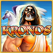 An image of Kronos, slot game in Resorts casino. There a man with long hair and beard, in front of a pegasus. A text in the middle which says KRONOSin orange. 