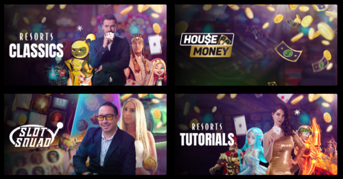A collage image of Resort casino hosts. There's Resort Classic which shows a man holding cards with a robot. Another grid has a text of House money with money flying. Another grid has the text Slot squad with a man and a women. The last grid has a text which says Resorts tutorials with animated characters around a women holding cards.