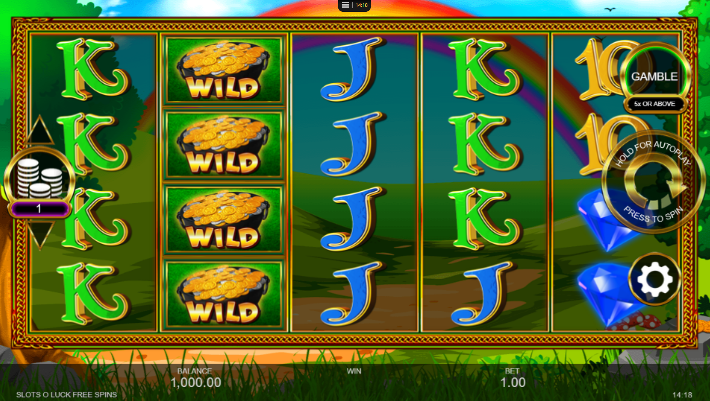an image of a slot machine with icons such as J , K, pot of gold