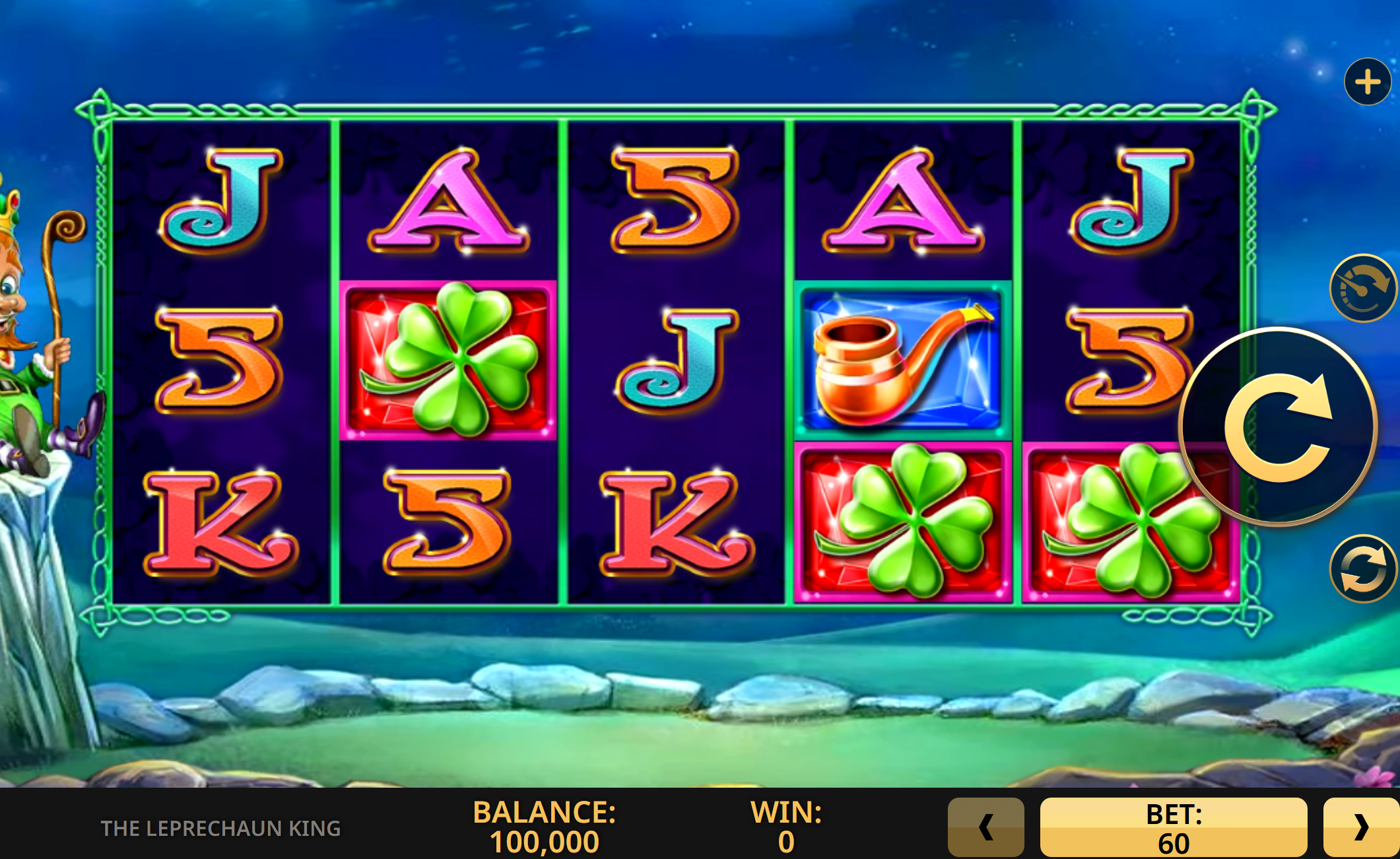 an image of a blue slot machine with symbols such as J , K, four leaf clover and pipe.
