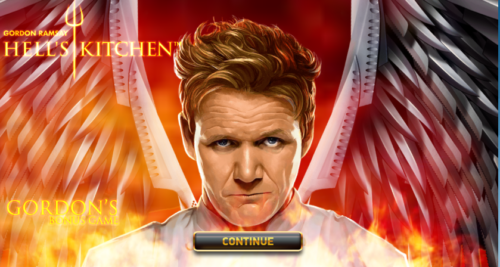 an image of a hell kitchen themed slot game. The image has a large picture of gordon ramsay in front of a red hell like background, with a continue button at the bottom.