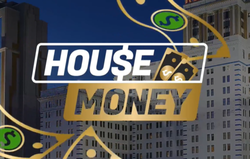 Big text which say House money gold money flying casino