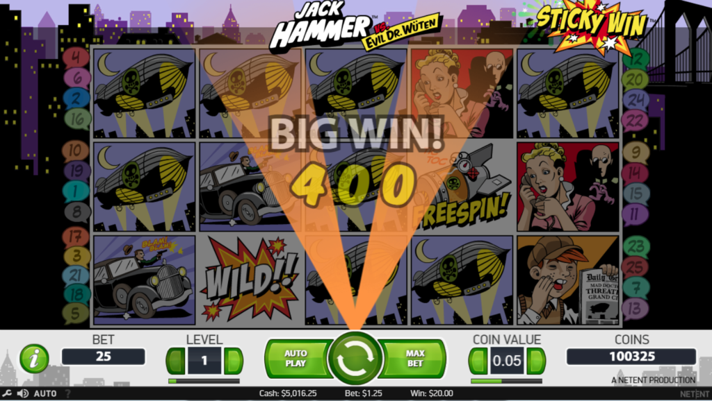 An image of the slot game, Jack hammer. The grids have Comic themed pictures of an aircraft, women on the phone, a man driving a car and a newspaper seller. 