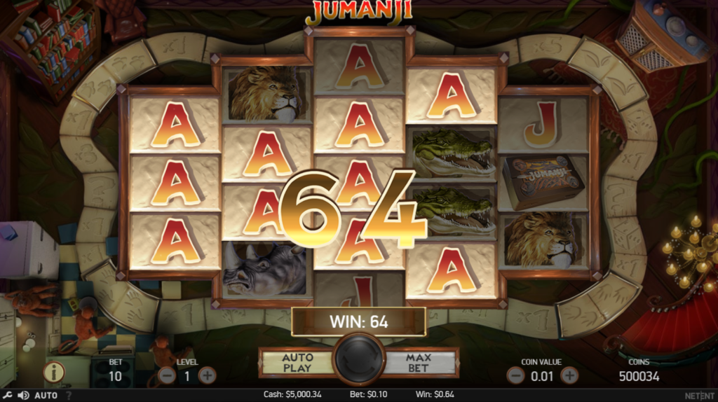 An image of a Jumanji themed slots game. The grids have animals such as a lion, rhino and alligators & also Letters such as A and J. 