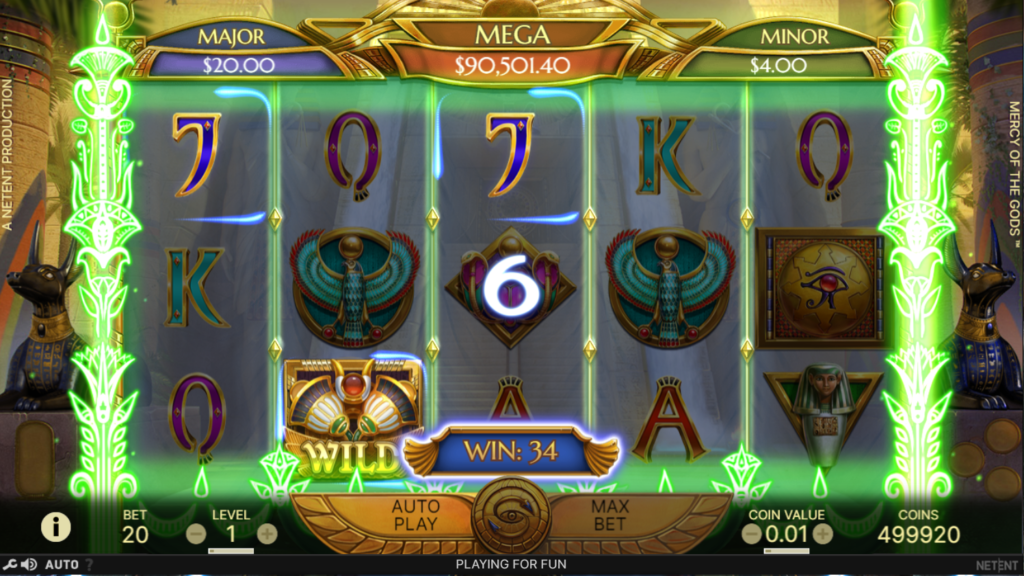 An image of the slot game, Mercy of the Gods, Ancient Egypt themed slot game with symbols of letters and image of a pharaoh.