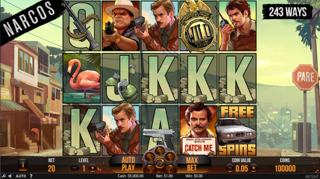An image of a Narcos themed  slots game, the grids have images of cash, men, car, flamingo and guns.