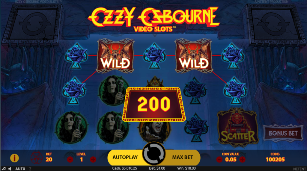 An image of the Ozzy osbourne themed  slots game. Blue themed background and there are symbols of roses, bats and Ozzy Osbourne. 