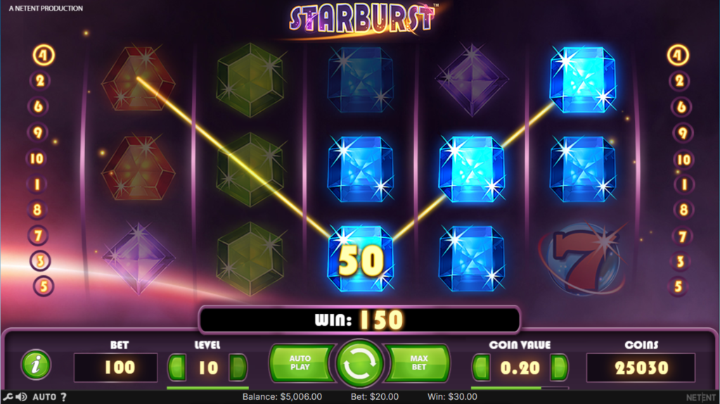 An image of the slots game,  Starburst. The slot game has symbols of Gems which are blue, yellow, red and purple. 