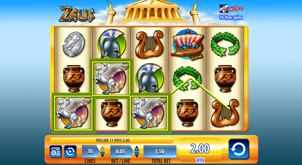Zeus themed slot with a sky blue background and Patheon at the top. The slot machine includes images of harps, coins, ships and jugs.