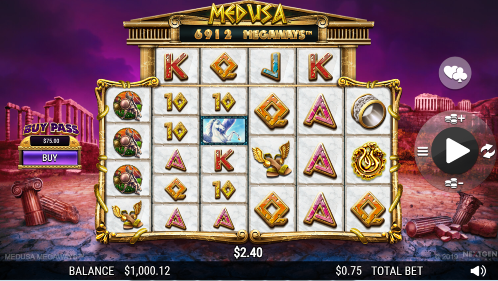 Medusa themed Mythological slot game. There's a purple background with ruins of building. The slot machine includes images of letters, rings, Pegasus and Talaria. 