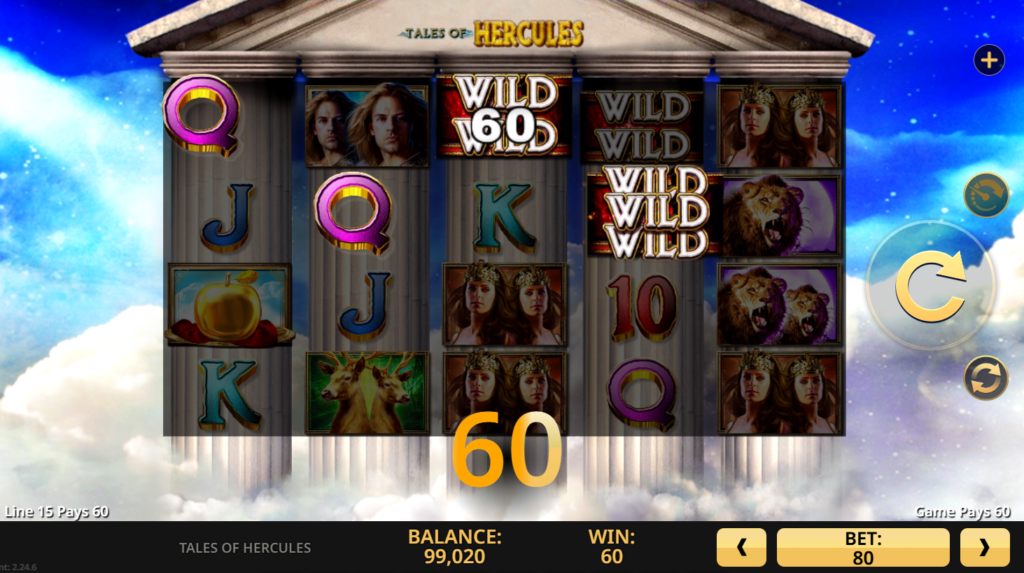 Tales of Hercules, a mythological themed slot with a sky blue background. The slot machine includes images of gold apple, animals, letters and human forms.