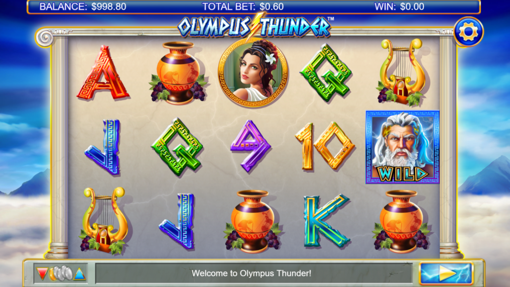 An image of a Greek mythological themed slot called Olympus Thunder, with a sky blue background. The slot machine includes picture symbols such as lutes, pots and the god Pan.