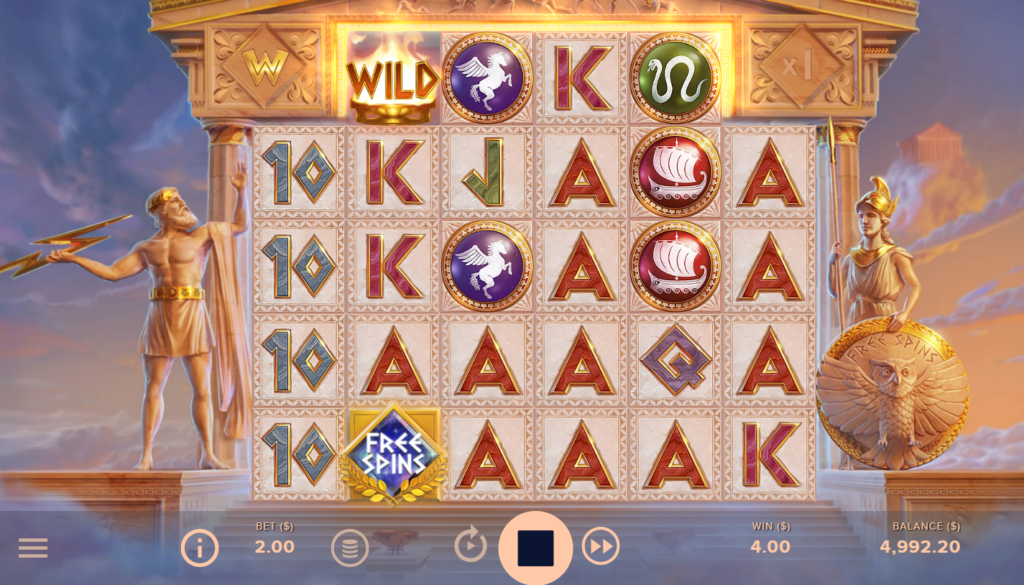 An image of the slot game Parthenon: Quest for Immortality. There are picture symbols of snakes, boats and letters. 
