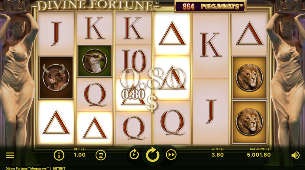 An image of the slot game Dicine fortune. There are picture symbols of bull, bird, lion and letters such as J,K,Q and the triangle symbol.