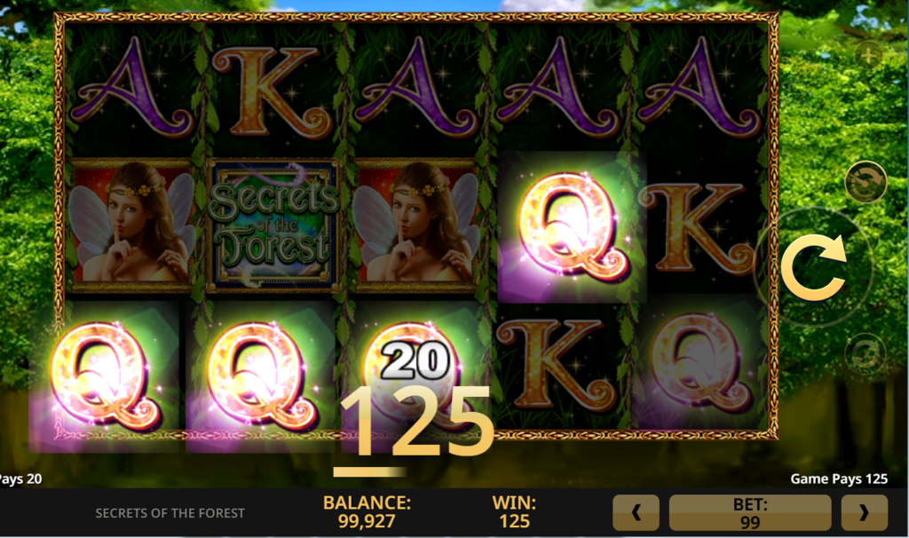An image of the slot game, Secrets of the Forest. Forest themed slot game with picture symbols of fairies and letters such as A,K,Q. 