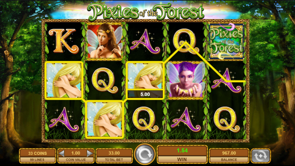 An image of the slot game, Pixies of the Forest. Forest themed slot game with picture symbols of fairies and letters such as A,K,Q. 