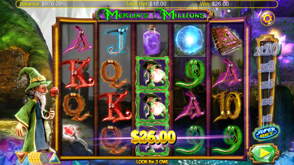 An image of the slot game, Merlin's millions. Forest themed slot game with picture symbols of a wizard, orb, potions. 