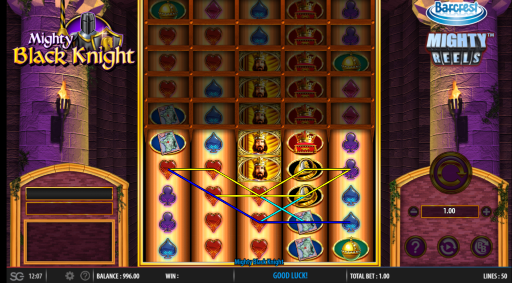 An image of the slot game, Mighty Black knight. It has a castle background. The slot machine has picture symbols of the heart, spade, a kind and diamond shapes. 