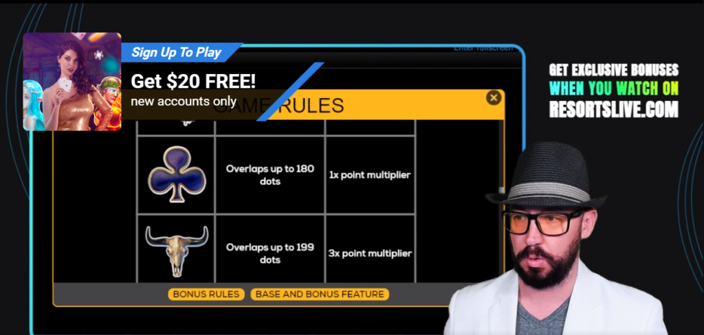 An image of a resort live Resort tutorial.
There is a man on the bottom right, there's a screen in the middle of a live game which says Game rules. 
