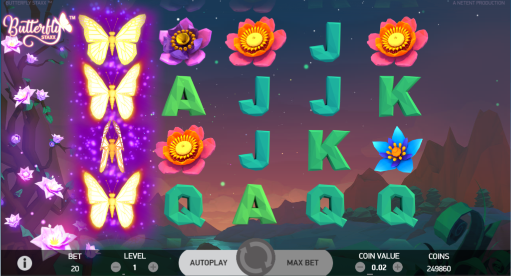 An image of the slot game, Butterfly Staxx. The background consists of a forest. The slots are of blue and pink flowers and butterflies. 