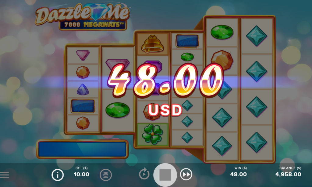 An image of the Dazzle me NetEnt slots game. There are symbols of different Gems and four leaf clover. 