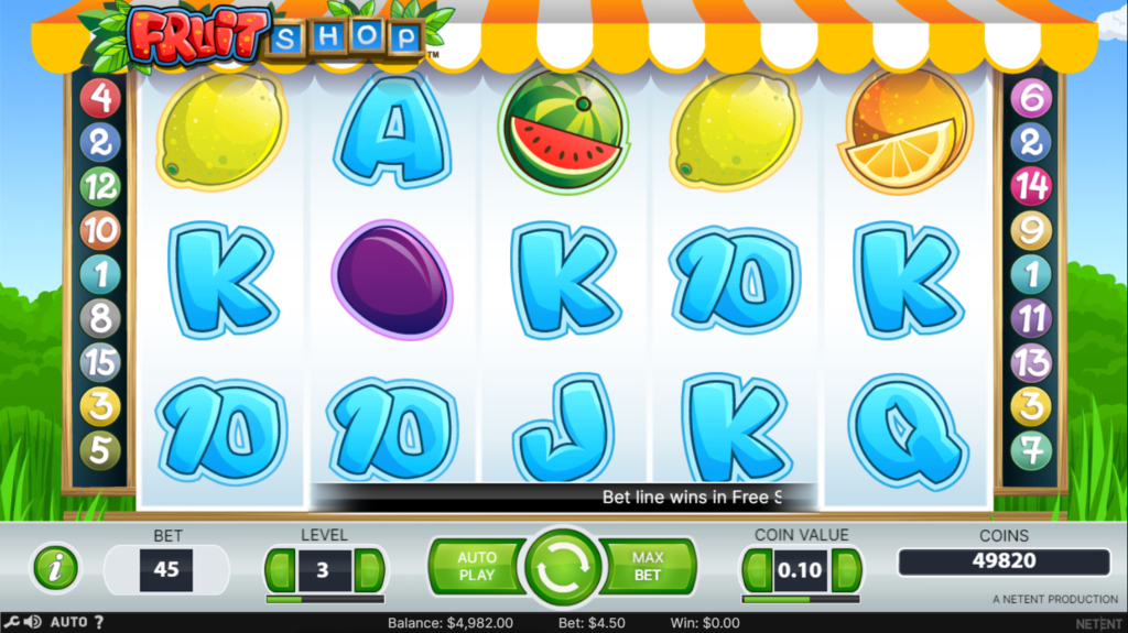 An image of the game, Fruit shop, In the grid there are letters ad numbers such as A,K,Q and 10. There are also images of lemon, watermelon and orange. 