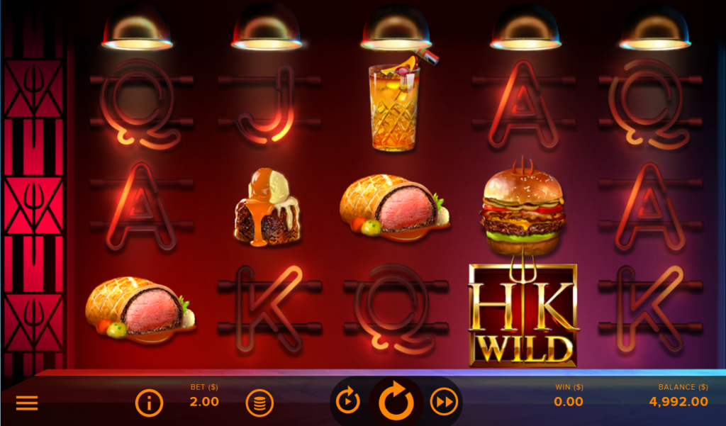 An image of the NetEnt slots Gordon Ramsay Hell's kitchen. The background is red themed. The grids have the letter Q,J,A,K, the HK wild sign and there are images of food; burger, brownie and beef wellington. 