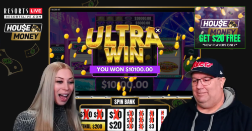 An image of a live casino slot game with a women and a man presenter. The screen shows an "Ultra win" and You won 10,100 dollars text.