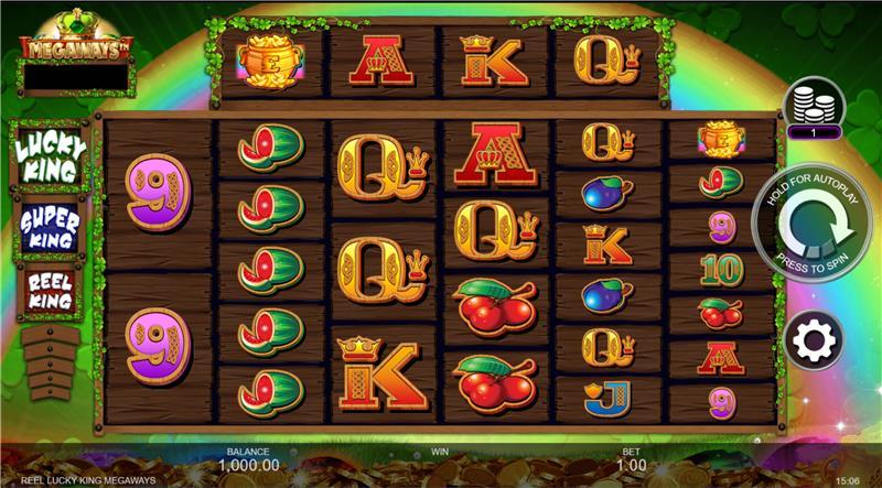 his festive and fun slot game features the Reel King dressed as a leprechaun. The background features a bright rainbow with the king wearing a green crown, while a lively Irish tune plays in the background.