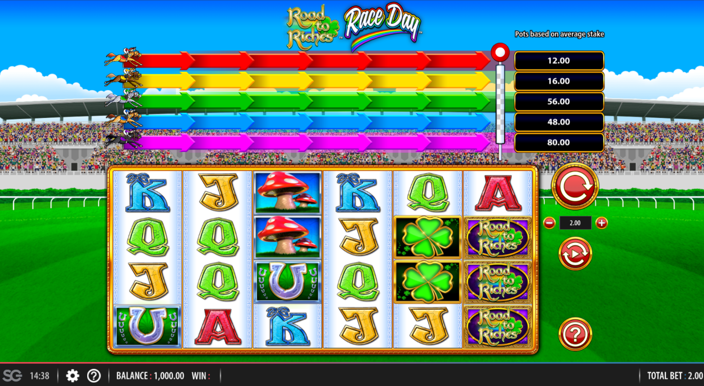 This 6x4 slot is centered on a racetrack in a field and features vibrant rainbow colors. The pay symbols are a combination of horse racing and an Irish theme. The game logo, toadstool, horseshoe, Celtic harp and four-leaf clover are the higher-paying symbols in the game. In the bonus round, you will come across a new race, and there are bigger prizes to aim for at the finish line. 