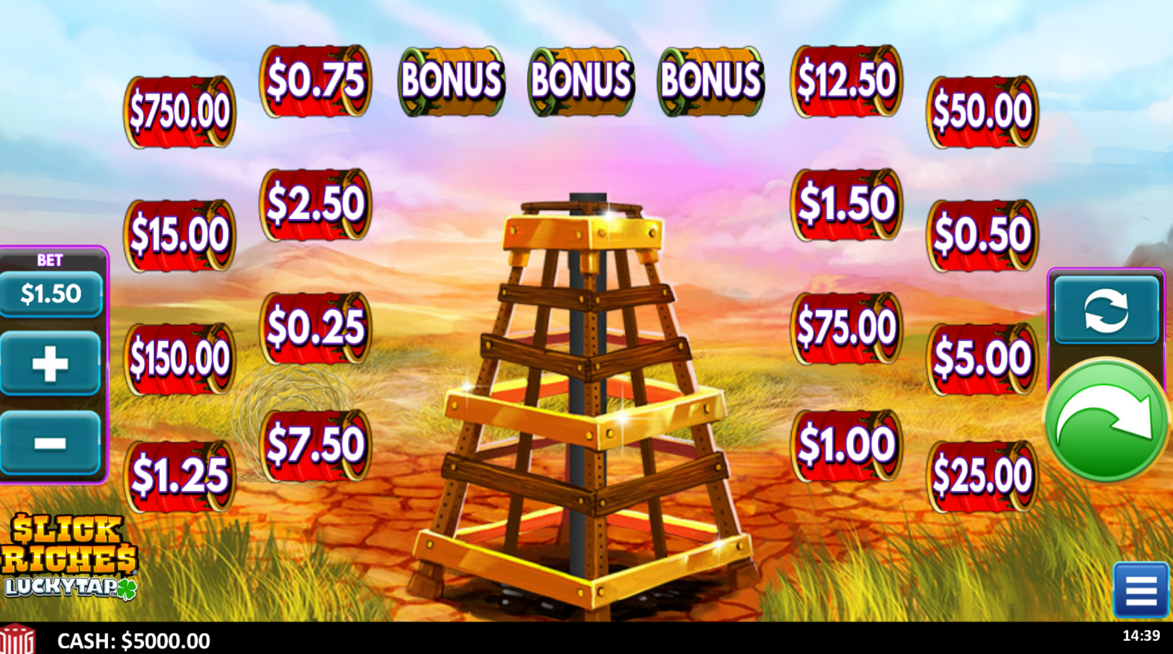 Lucky tap slot game which features a tap p in the middles with money symbols scattered around the screen. 