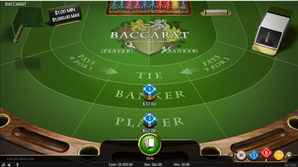 Baccarat table with 32 on the banker and 52 on the player.
