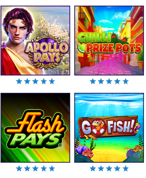A collage mage of ten slots from Resorts casino. Apollo pays which features a greek man, Chilli prize pots which shows a colorful ally way, Diamond arrow.