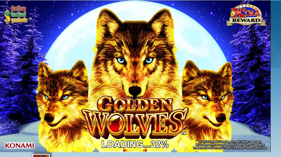 An online slot game with a full moon in the background and 3 wolves facing the viewer. 
