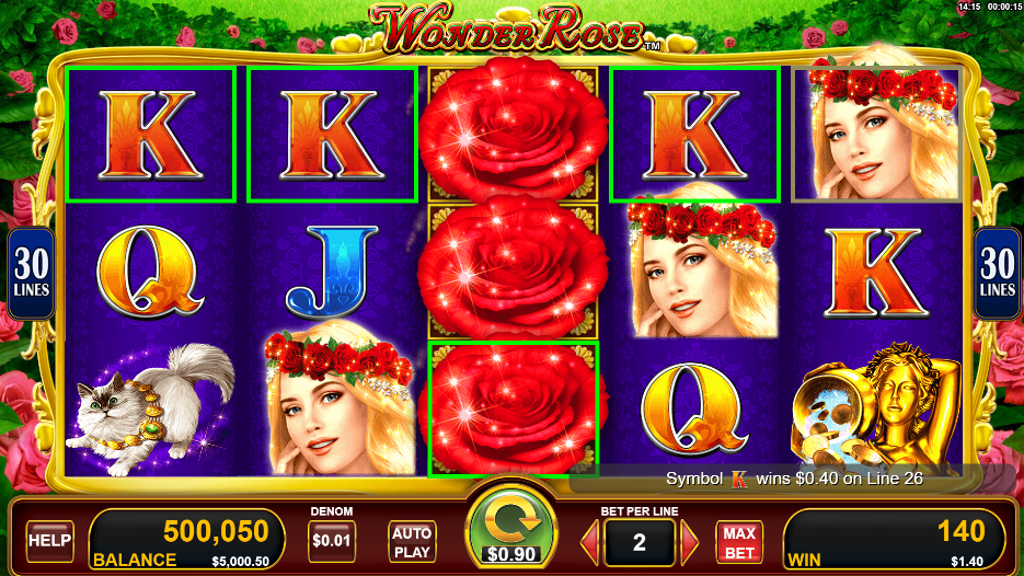 An online slot game with red background, It has 5 x 3 grid with symbols of lion, flowers, women and cat.